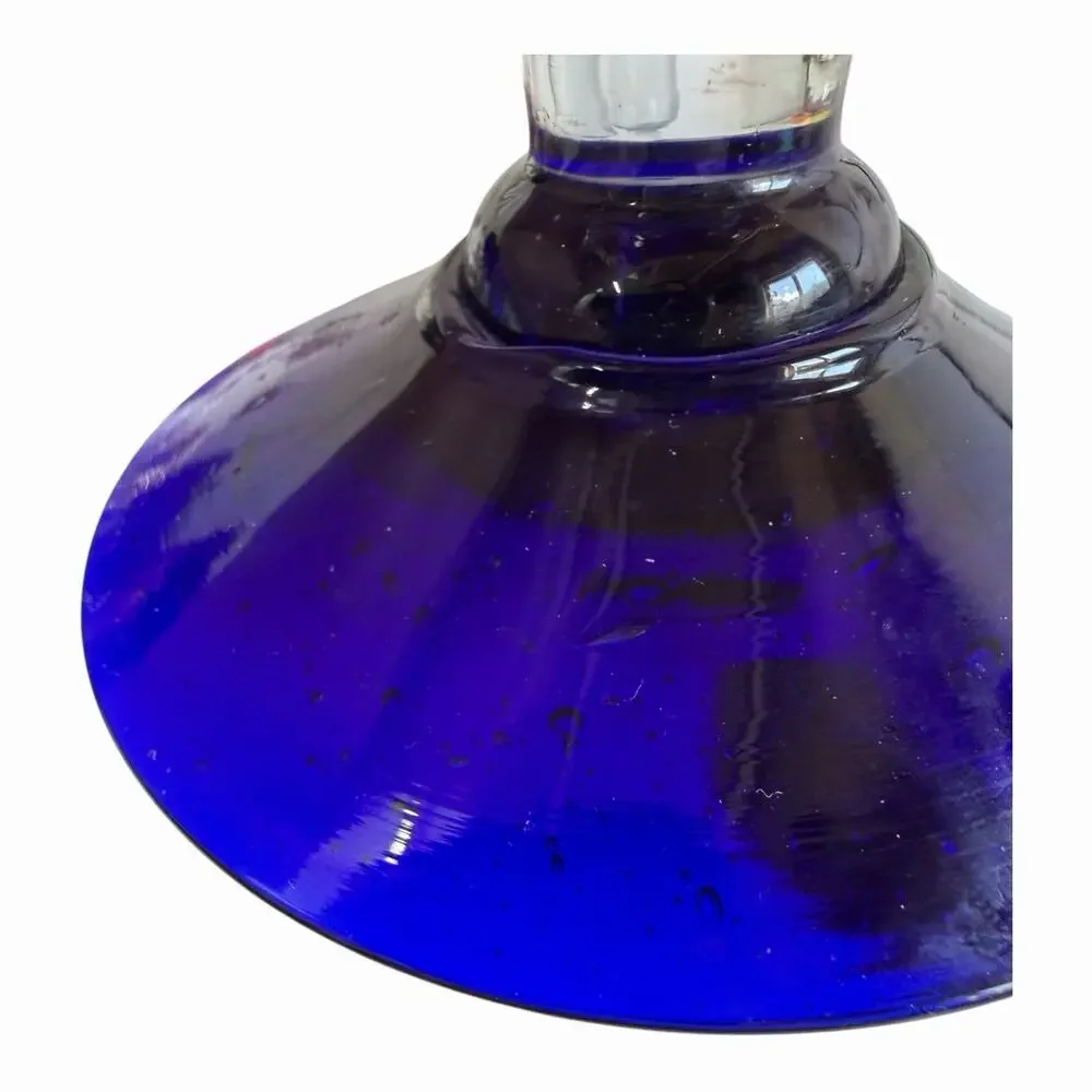Hand Blown Wine Glasses 8” Mexican Cobalt Blue Rim & Base lot of 3